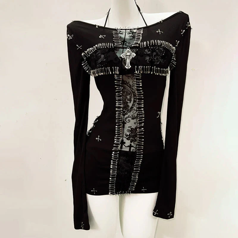 3 piece long sleeve halter cross applique top - Image 2
