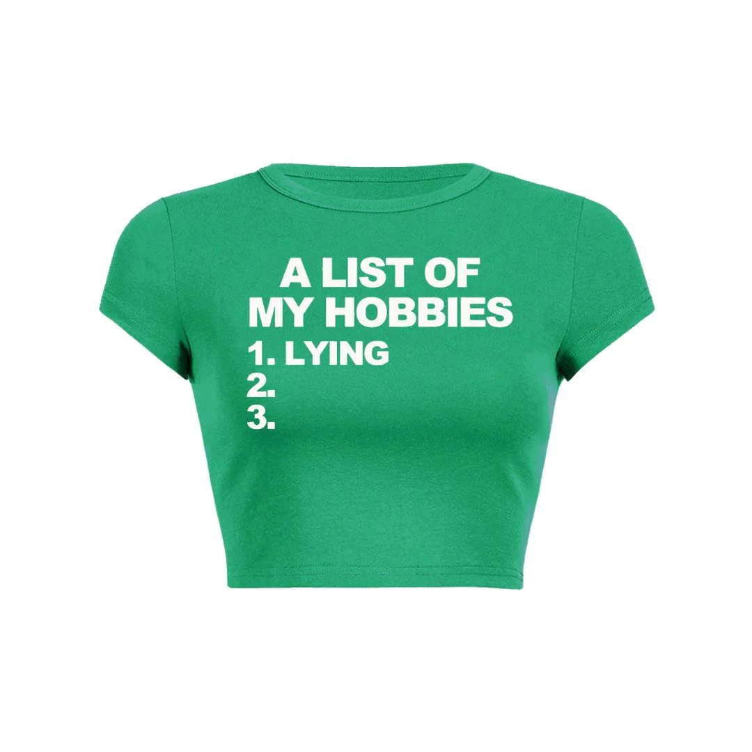 A List Of My Hobbies Lying Y2K Baby Tee Crop Top - Image 2