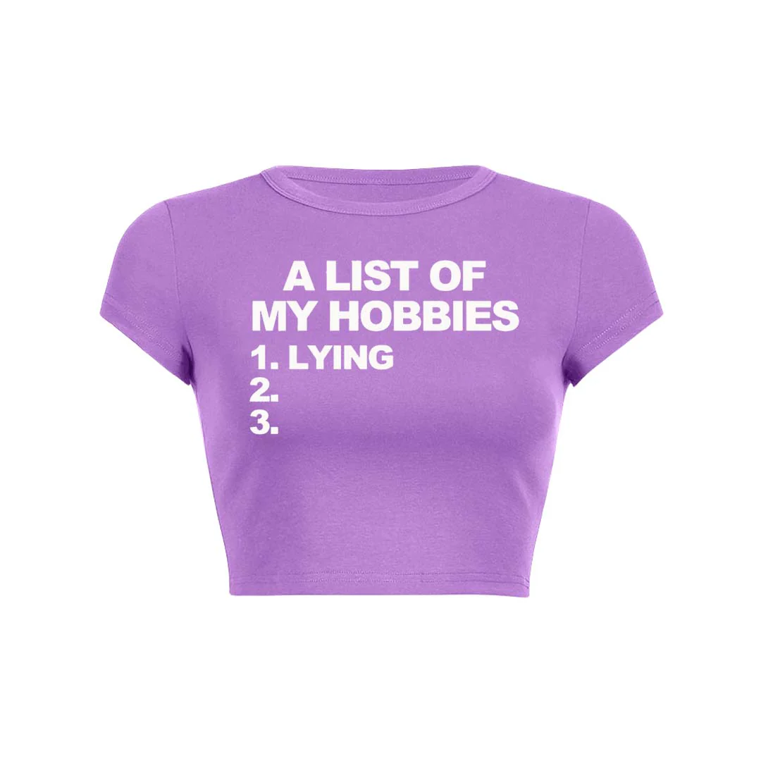 A List Of My Hobbies Lying Y2K Baby Tee Crop Top - Image 3