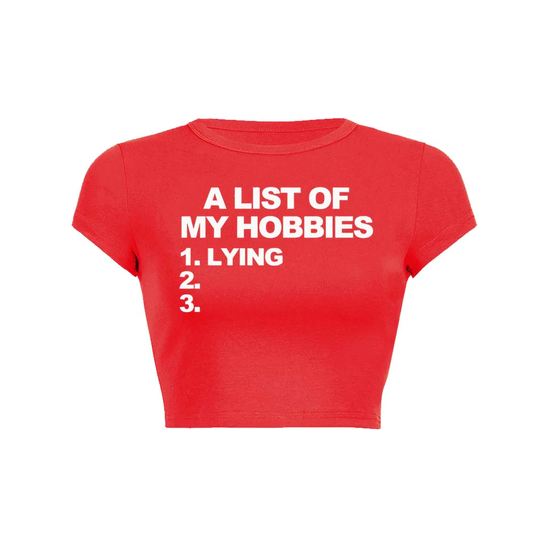 A List Of My Hobbies Lying Y2K Baby Tee Crop Top - Image 4