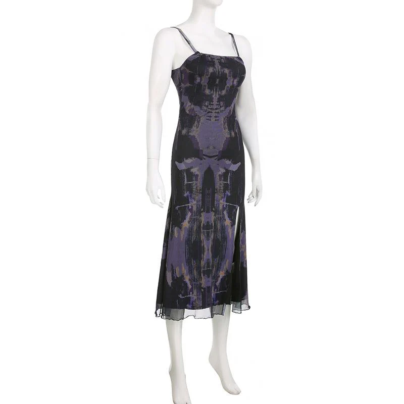 Backless tie dye square neck slit ruffle mesh cami midi dress - Image 3