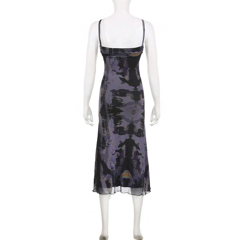 Backless tie dye square neck slit ruffle mesh cami midi dress - Image 4