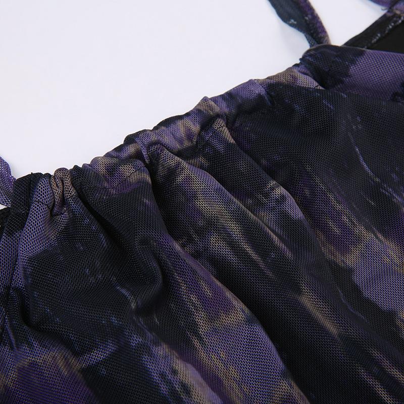 Backless tie dye square neck slit ruffle mesh cami midi dress - Image 5
