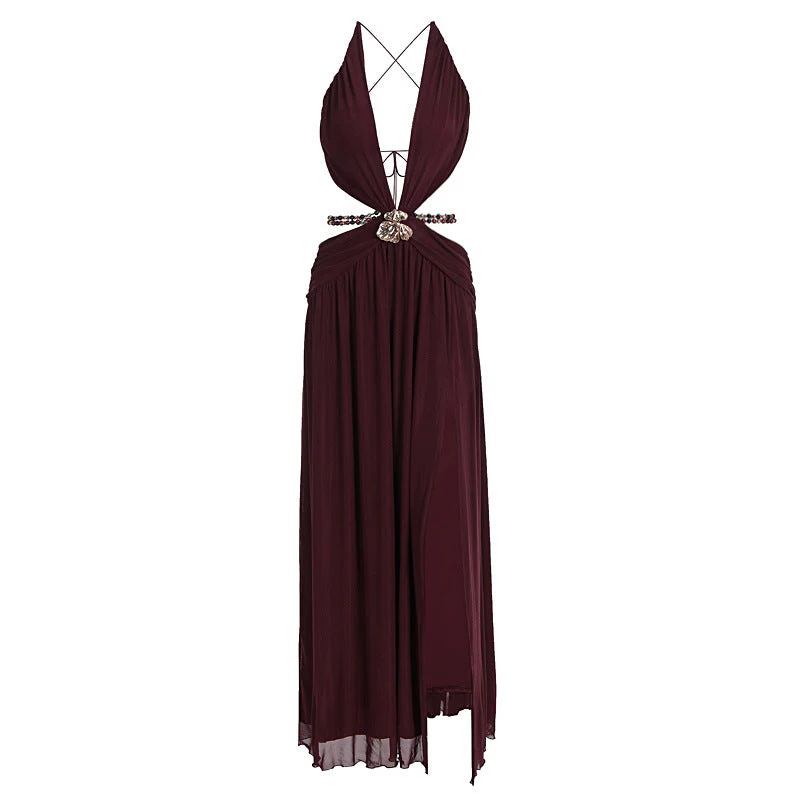 Beaded deep v neck slit cross back self tie maxi dress