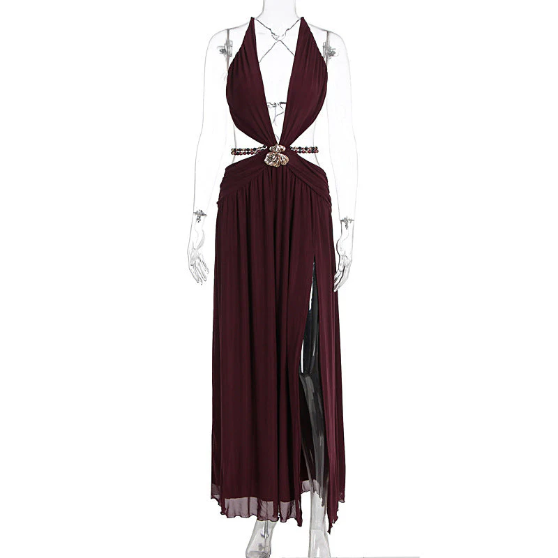 Beaded deep v neck slit cross back self tie maxi dress - Image 6