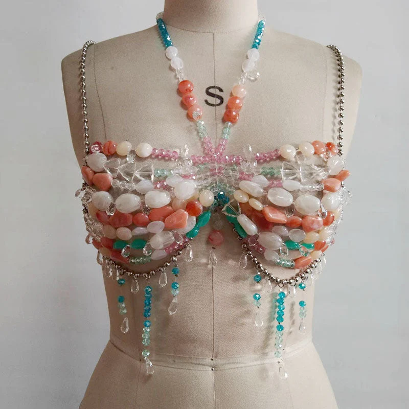 Beaded halter metal chain cami top
