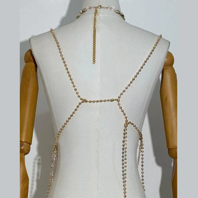 Beaded halter metal chain hollow out cami top - Image 3