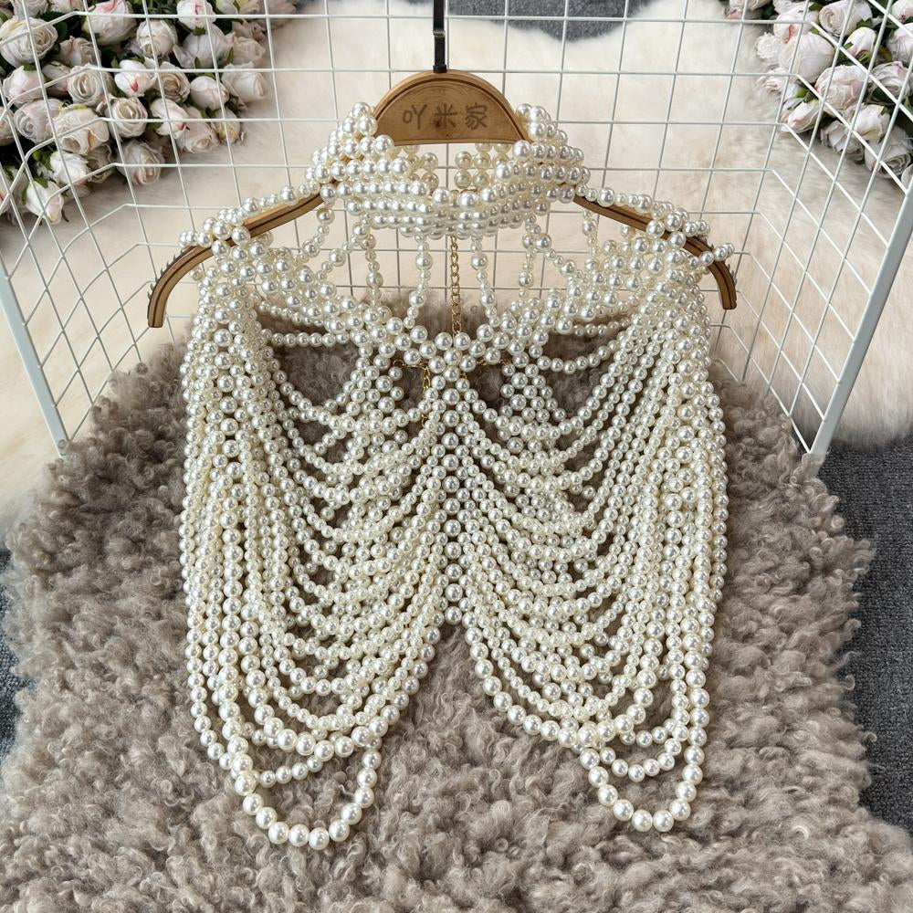 Beaded high neck hollow out metal chain top - Image 2