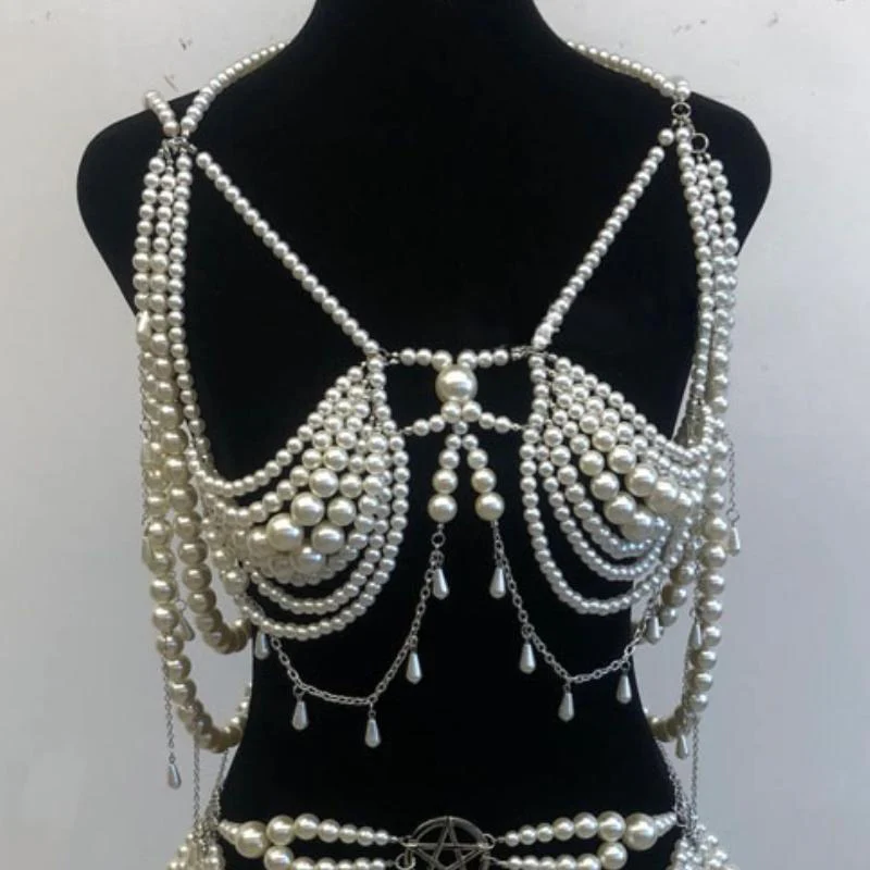 Beaded metal chain hollow out faux pearl top - Image 2