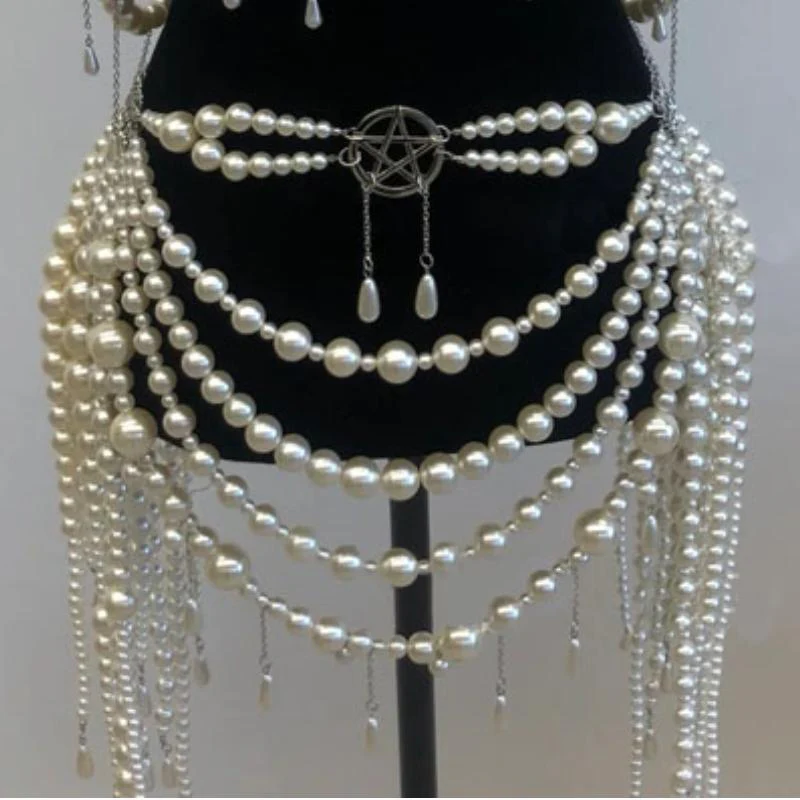 Beaded metal chain hollow out faux pearl top - Image 3