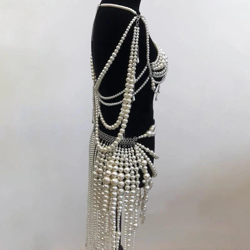 Beaded metal chain hollow out faux pearl top - Image 4