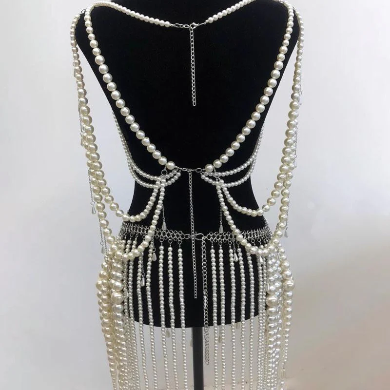 Beaded metal chain hollow out faux pearl top - Image 5
