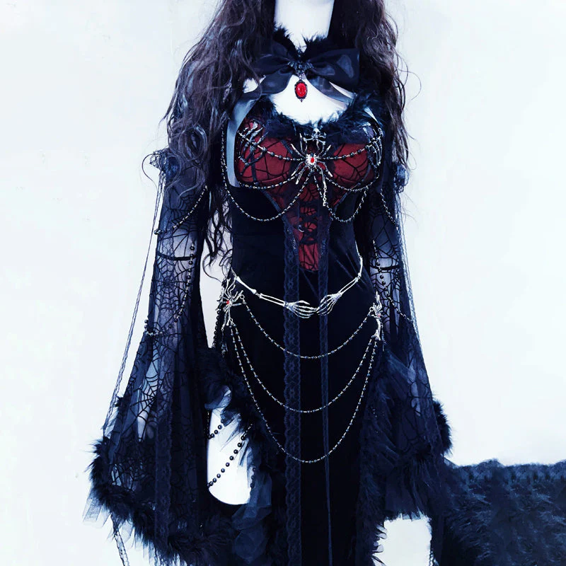 Beaded spider applique long sleeve maxi dress