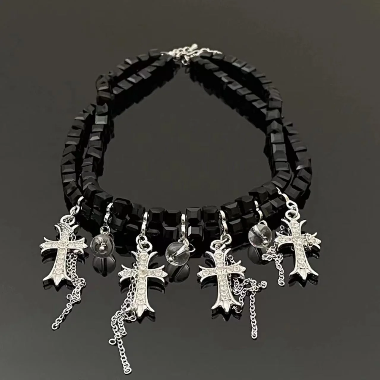 Black beaded cross pendant choker necklace - Image 3