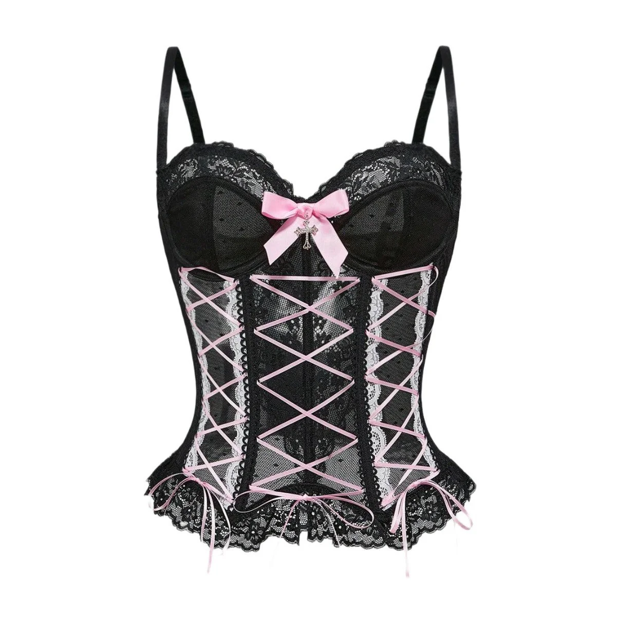Bowknot button corset lace hem cami top - Image 3