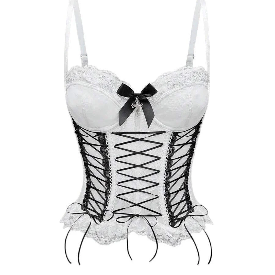 Bowknot button corset lace hem cami top - Image 4