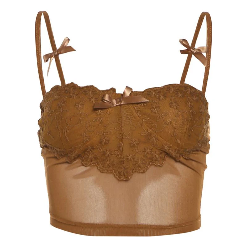 Bowknot mesh flower embroidery patchwork cami top - Image 2
