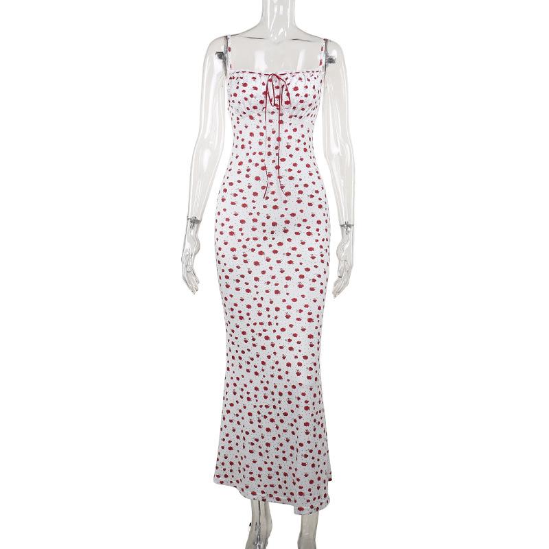 Bowknot ribbon stitch flower print polka dot cami maxi dress - Image 2