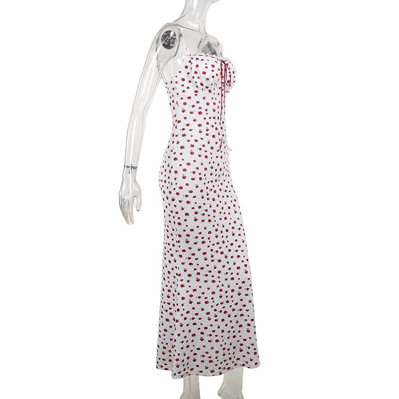 Bowknot ribbon stitch flower print polka dot cami maxi dress - Image 3