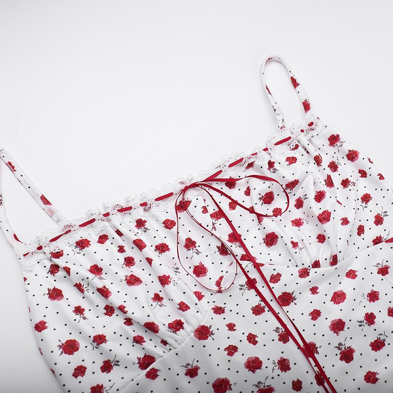 Bowknot ribbon stitch flower print polka dot cami maxi dress - Image 5