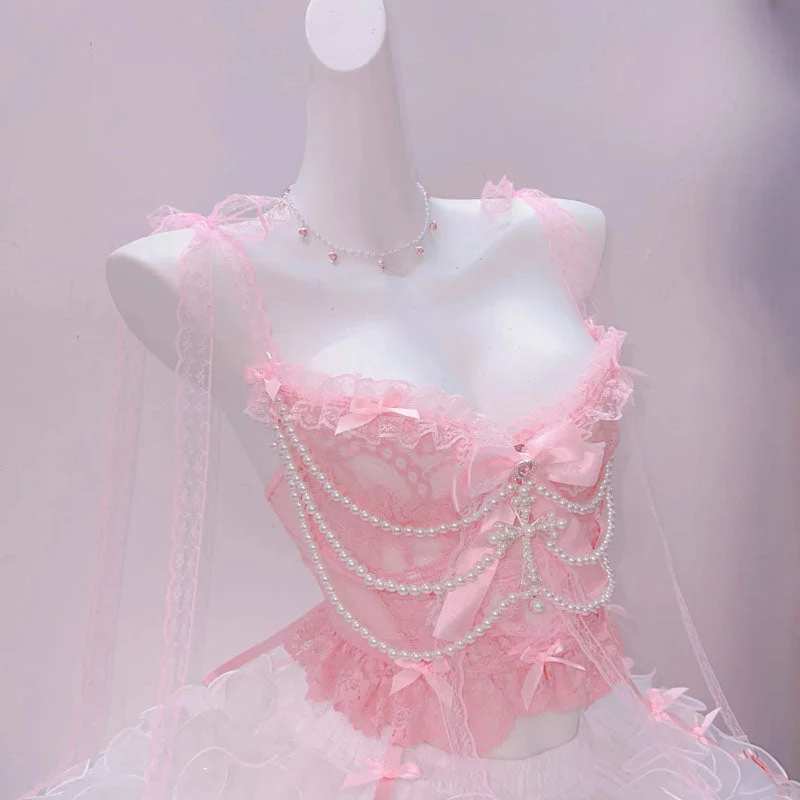 Bowknot self tie lace hem v neck beaded cami top - Image 4