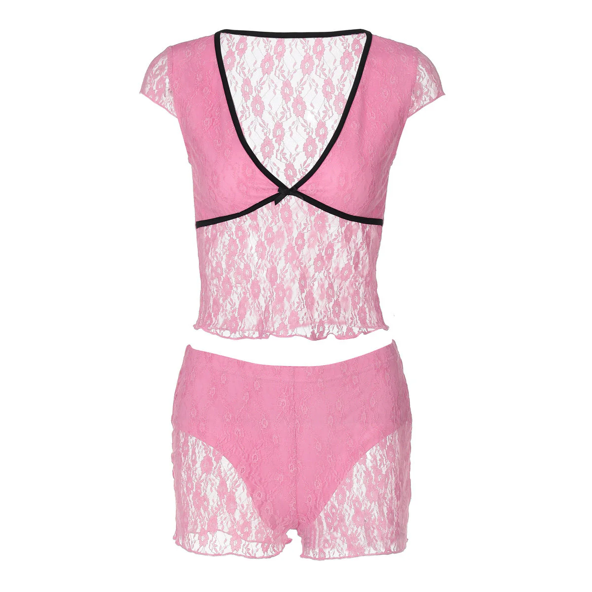 Bowknot v neck lace cap sleeve low rise pant set