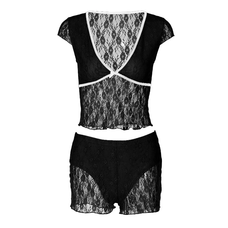 Bowknot v neck lace cap sleeve low rise pant set - Image 2