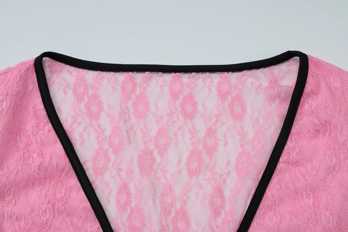 Bowknot v neck lace cap sleeve low rise pant set - Image 8