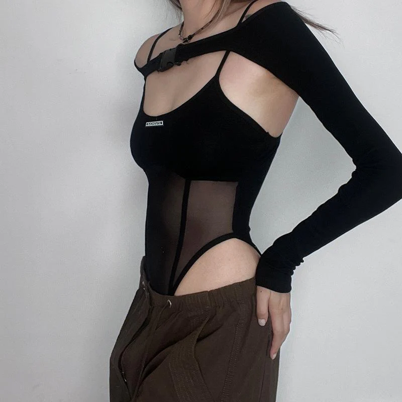 Buckle mesh off shoulder long sleeve solid shrug 2 piece bodysuit - Image 4