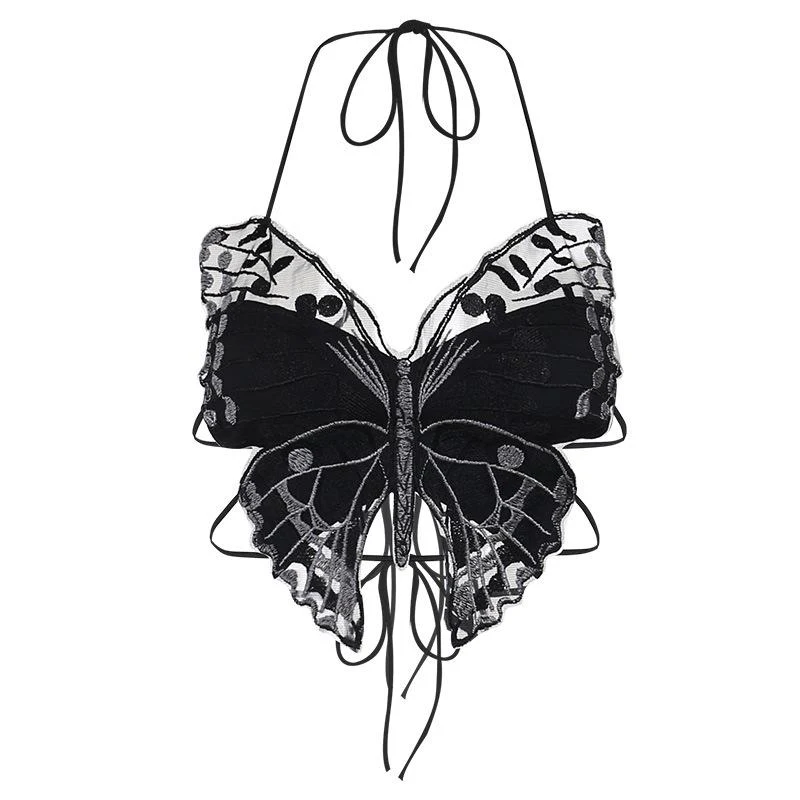 Butterfly pattern embroidery halter self tie backless crop top goth Alternative Darkwave Fashion goth Emo Darkwave Fashion - Image 6