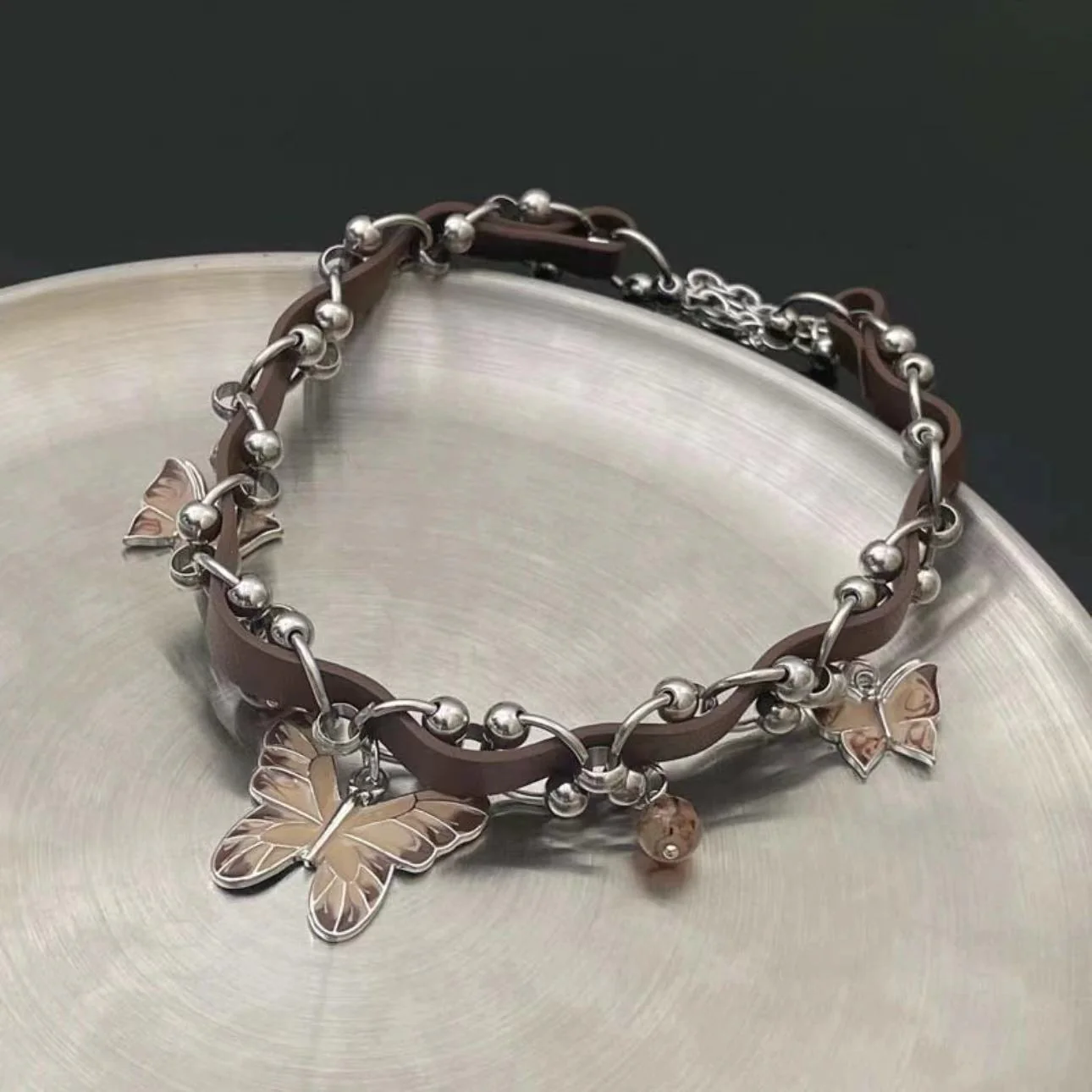 Butterfly pendant PU leather choker necklace - Image 3