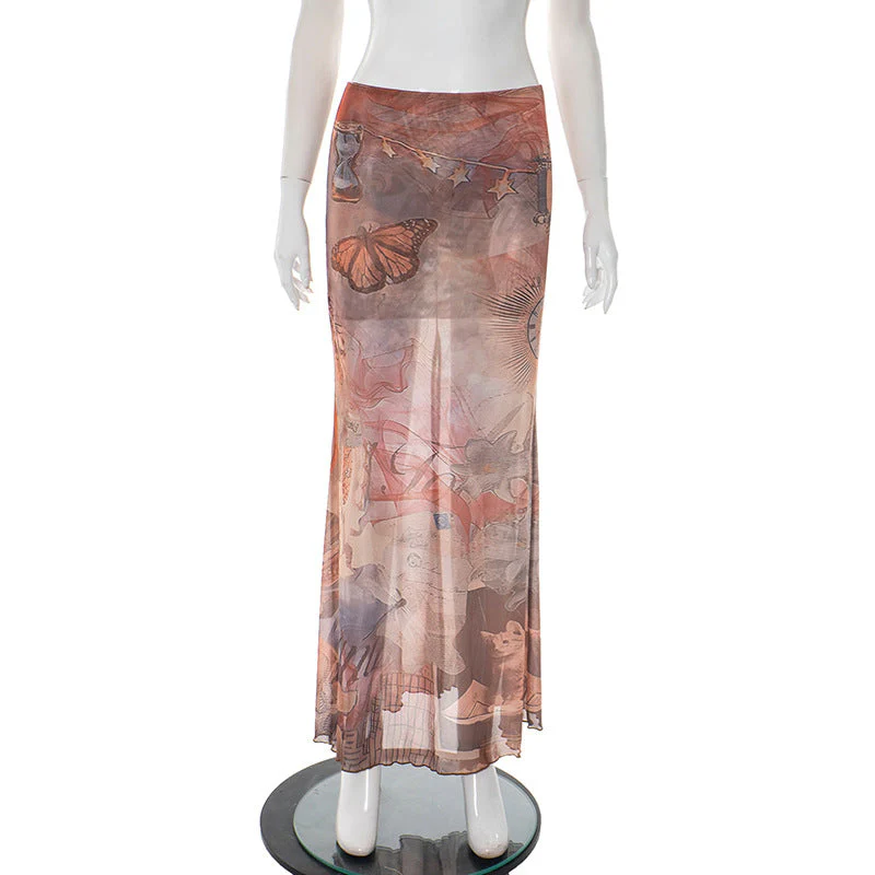 Butterfly print slit contrast mesh maxi skirt - Image 2