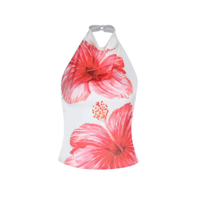 Button halter flower print backless satin top