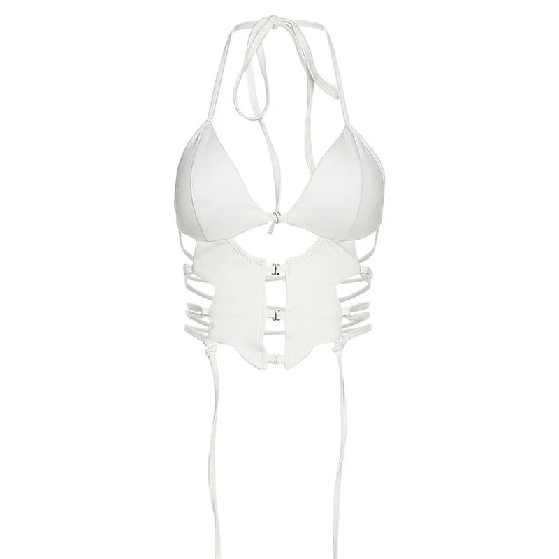 Button hollow out v neck halter backless lace up crop top y2k 90s Revival Techno Fashion - Image 2