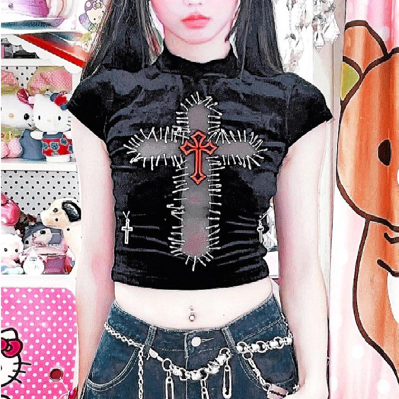 Cap sleeve high neck cross pattern velvet top - Image 2