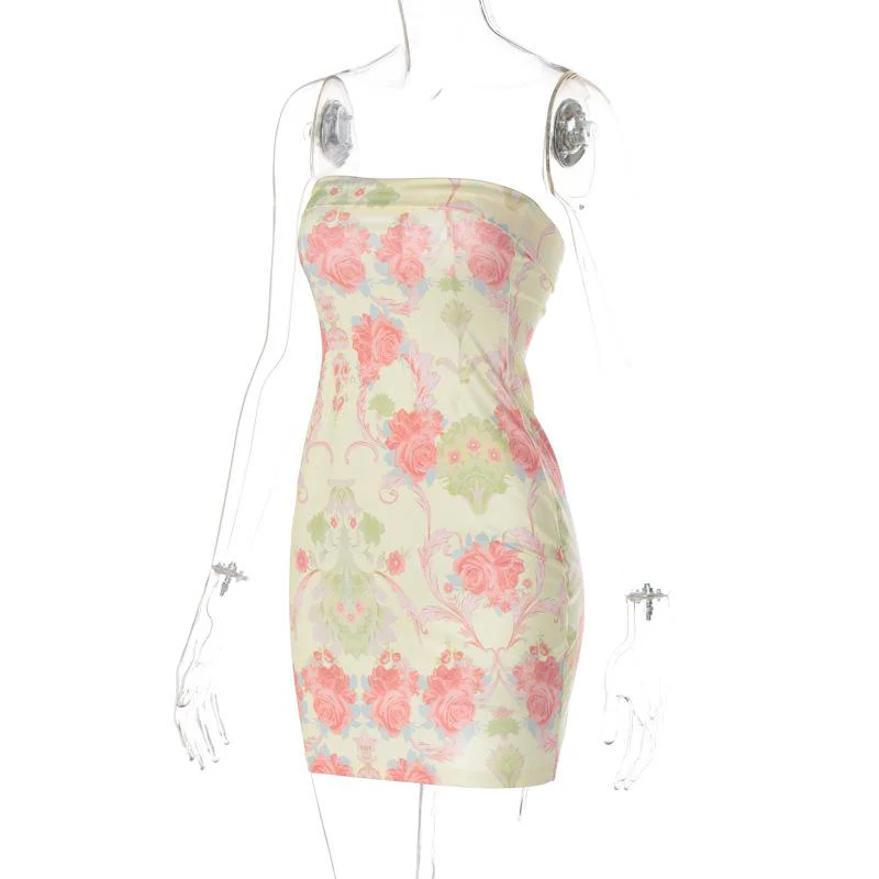 Contrast flower print backless tube dress y2k 90s Revival Techno Fashion - Image 3