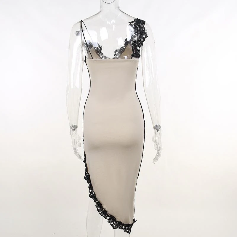 Contrast irregular v neck lace hem stitch mini dress - Image 4