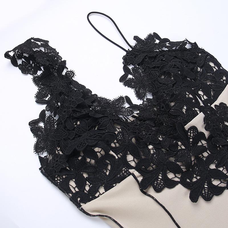 Contrast irregular v neck lace hem stitch mini dress - Image 5