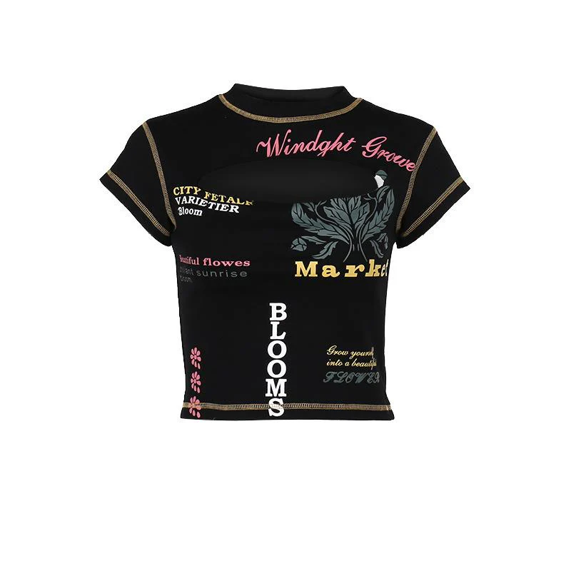 Contrast print short sleeve stitch hollow out crewneck crop top - Image 3