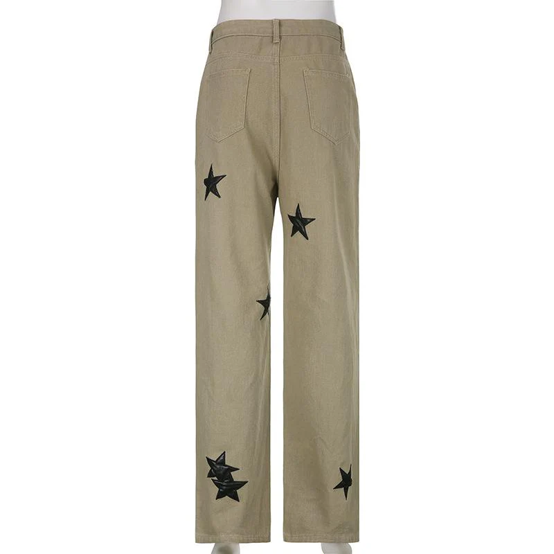Contrast star pattern zip-up button straight leg grunge 90s Streetwear Disheveled Chic Fashion grunge 90s Streetwear Distressed Fashion - Image 4