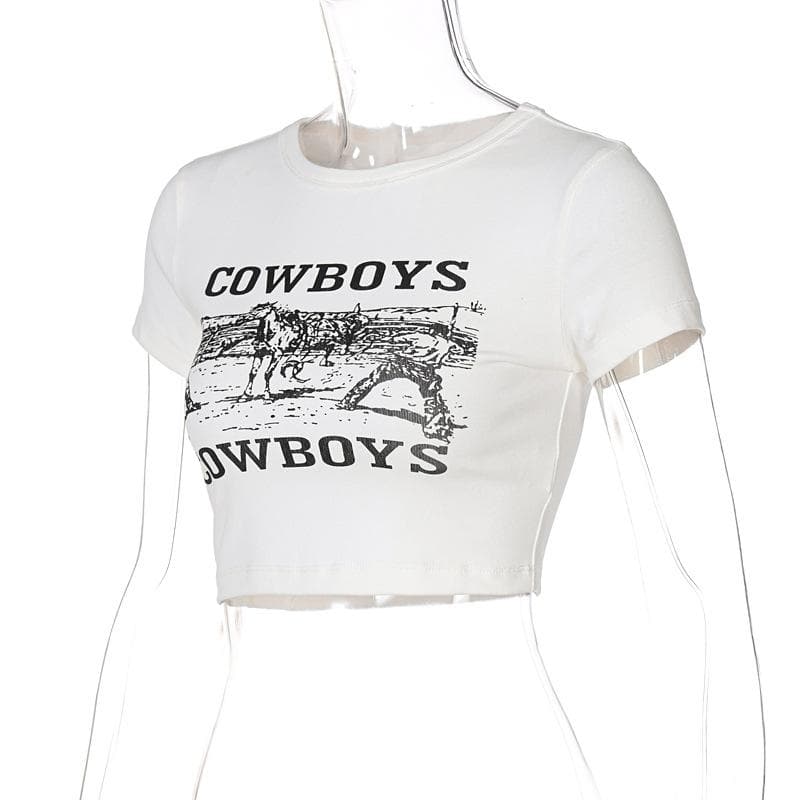 “COWBOYS” print short sleeve crewneck crop top grunge 90s Streetwear Disheveled Chic Fashion grunge 90s Streetwear Distressed Fashion - Image 4