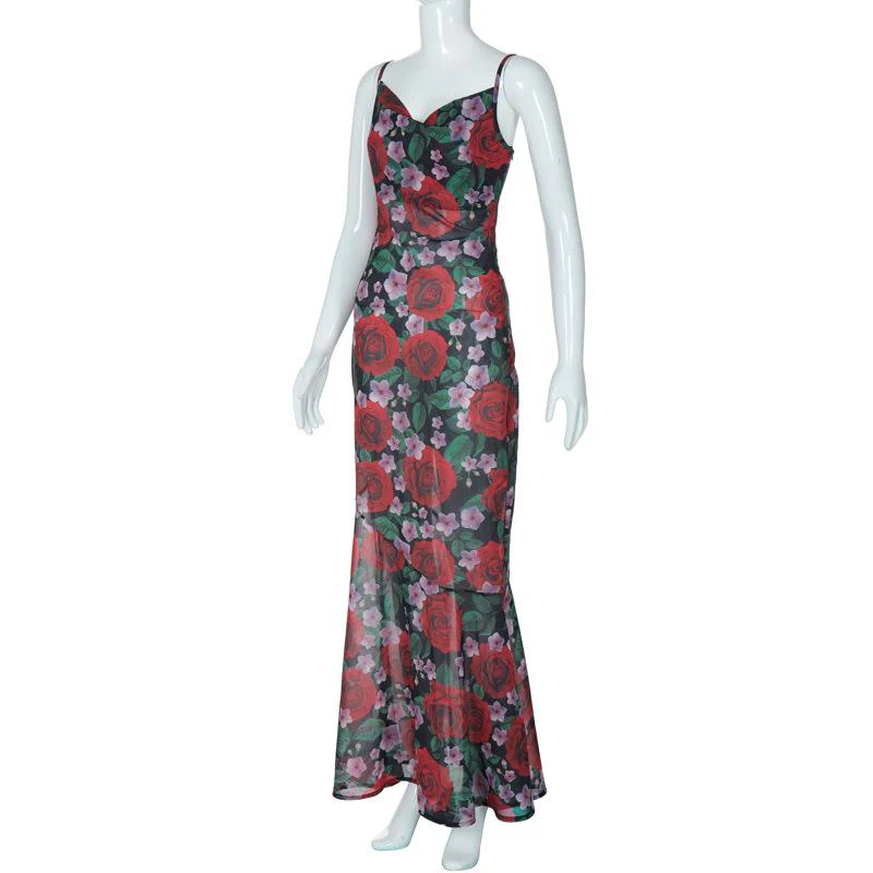Cowl neck flower print zip-up contrast backless cami maxi dress - Image 3