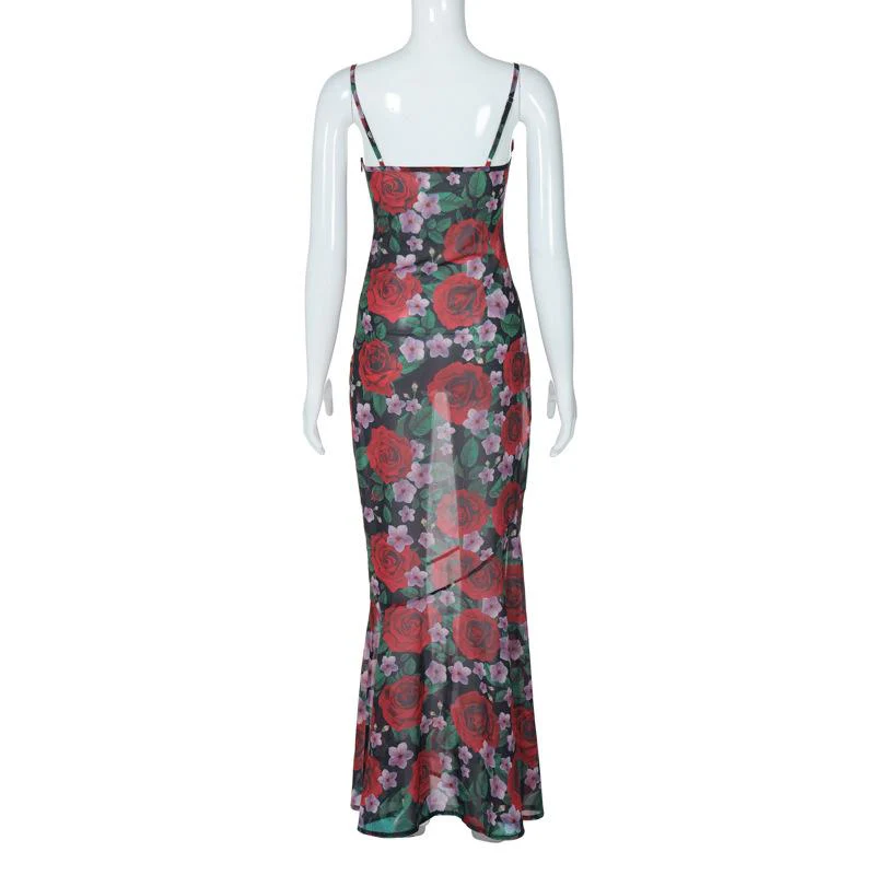 Cowl neck flower print zip-up contrast backless cami maxi dress - Image 4