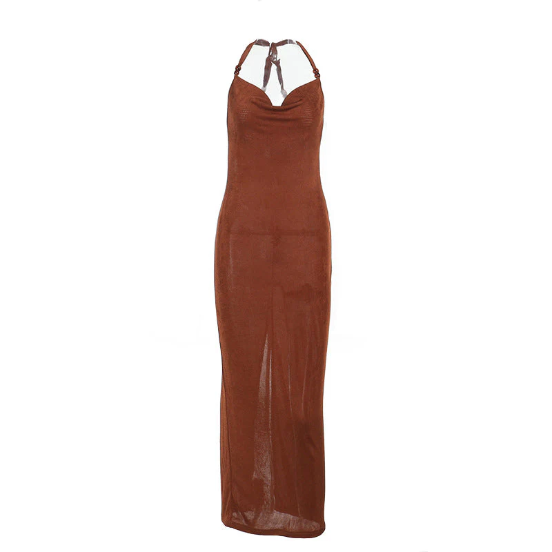 Cowl neck halter beaded slit maxi dress