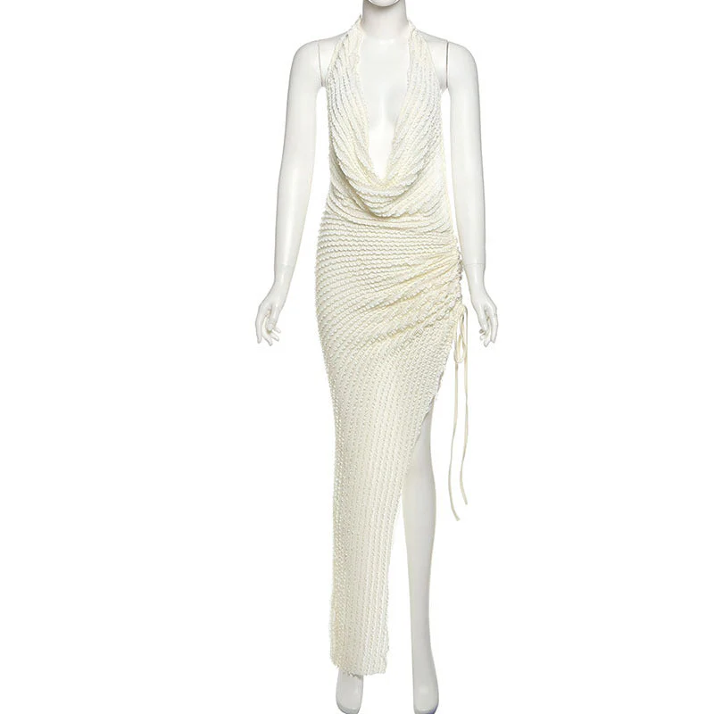 Cowl neck halter ruched slit irregular midi dress - Image 3