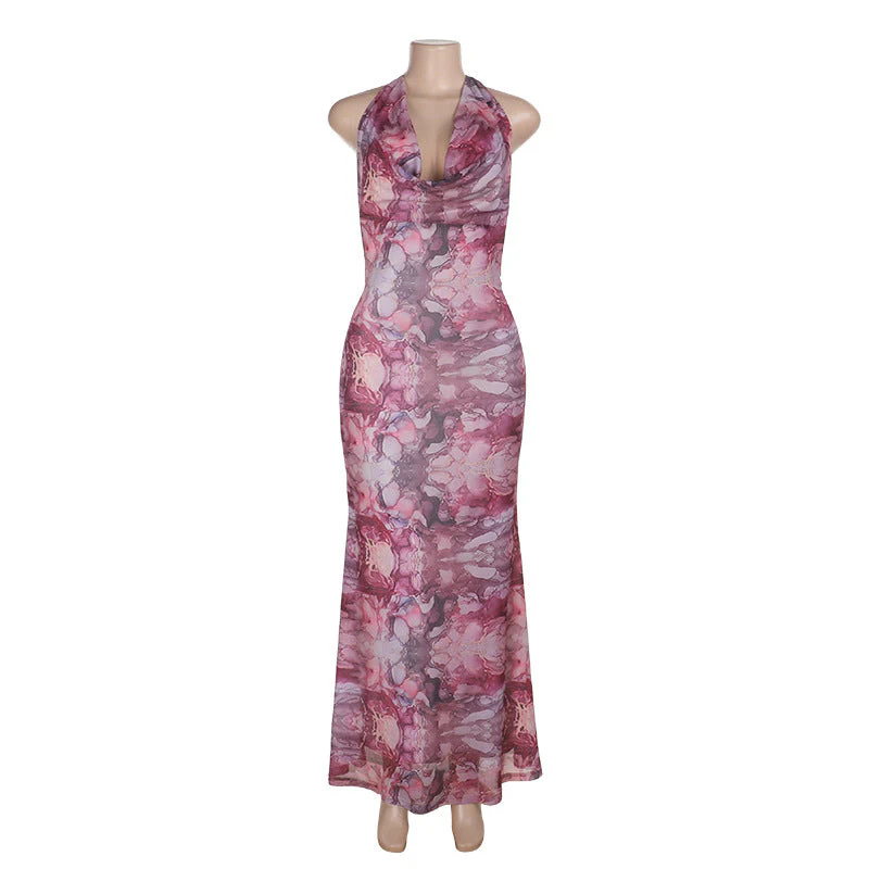 Cowl neck halter self tie print mesh maxi dress - Image 4