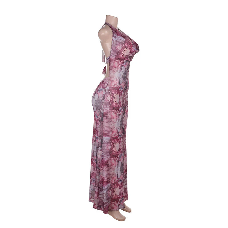 Cowl neck halter self tie print mesh maxi dress - Image 5