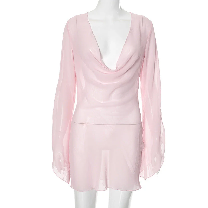 Cowl neck long sleeve chiffon see through mini dress - Image 2