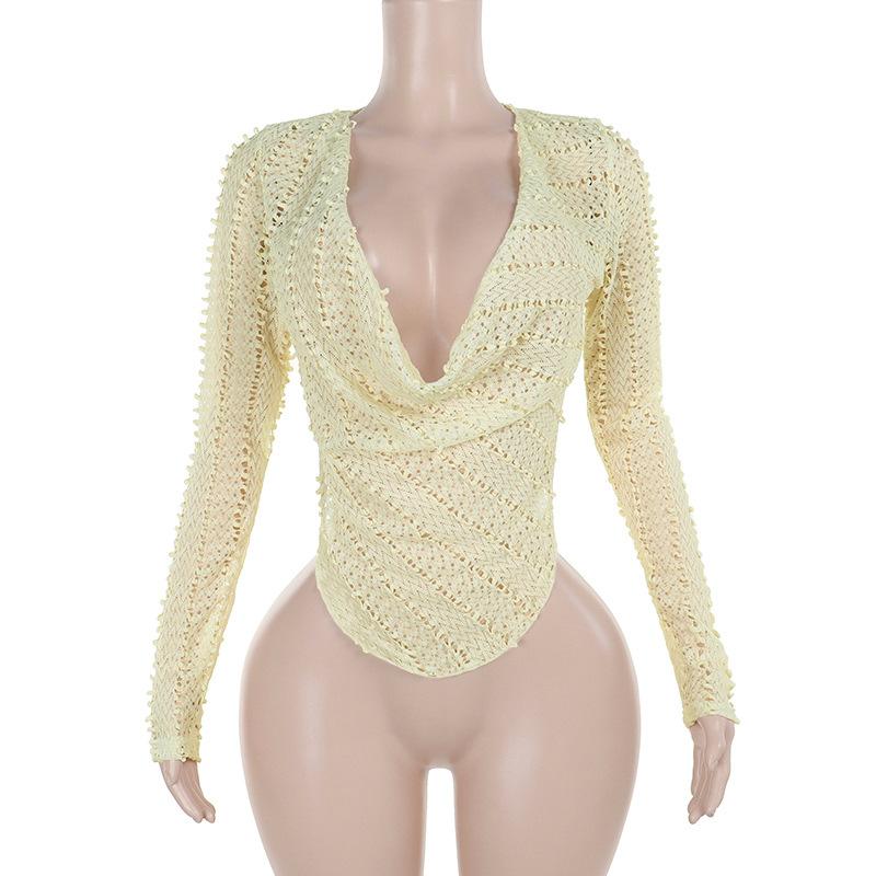 Cowl neck long sleeve irregular hollow out top - Image 2