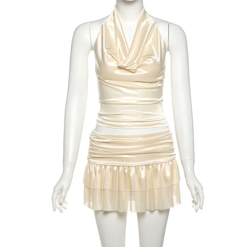 Cowl neck ruched halter ruffle mini skirt set - Image 3